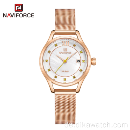 NAVIFORCE NF5010S Strass Edelstahl Feinmaschiger Gürtel Damenuhr im Stil einfaches Temperament Armbanduhren